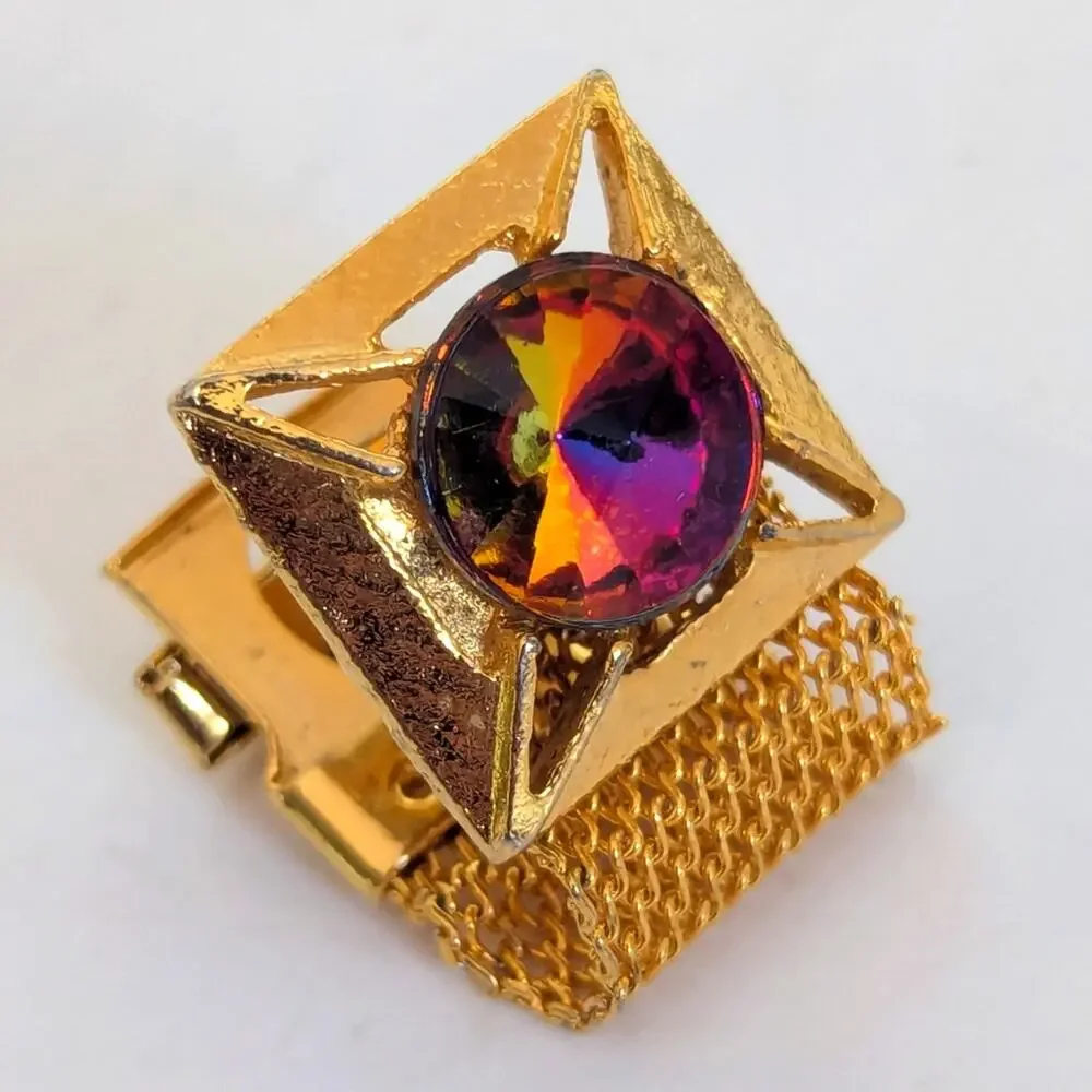 Vintage 70s Mod Gold Tone Watermelon Rivoli Glass Crystal Square Cufflinks